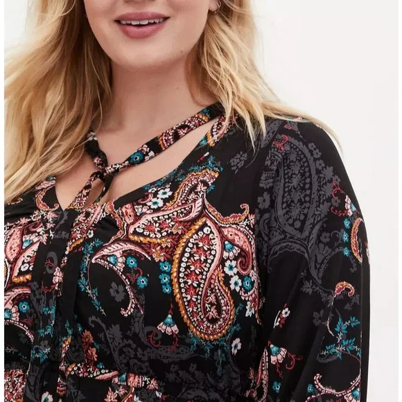Torrid Midi Challis Skater Dress Black Paisley Plus Size 1 1X Boho Festival - Picture 5 of 13